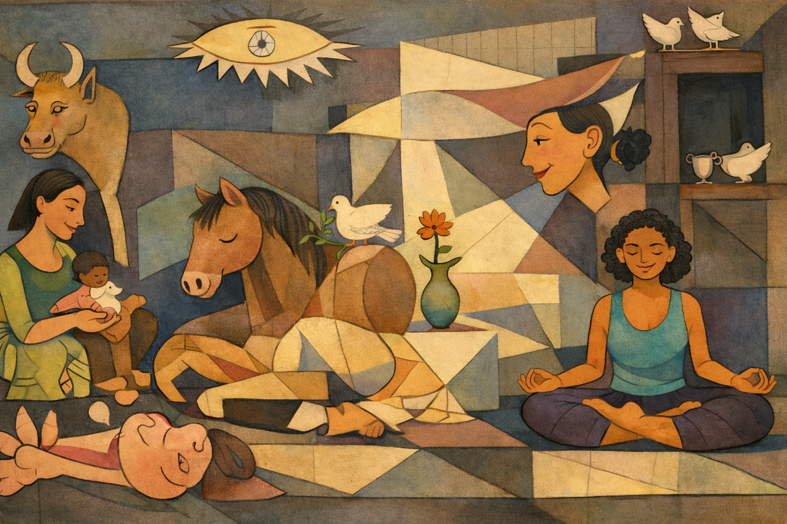 A pleasant, cartoonish vision of people and animals from the Guernica painting looking happy and peaceful before the Guernica bombing